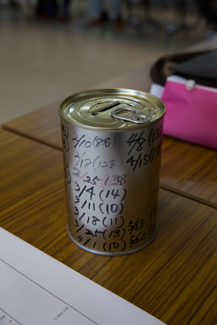 貯金箱のアップ。お金を入れた日付が全体に書かれている。